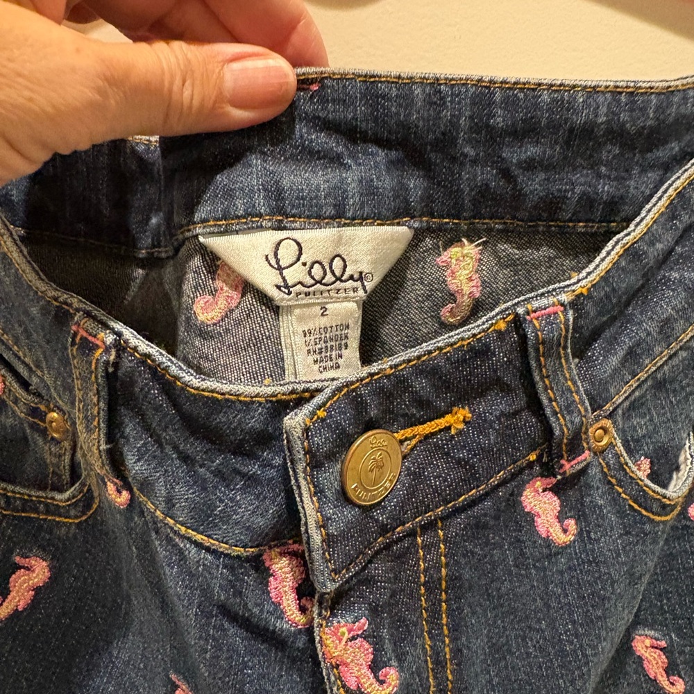 Lilly Pulitzer Denim Jeans with Pink Seahorses Embroidery